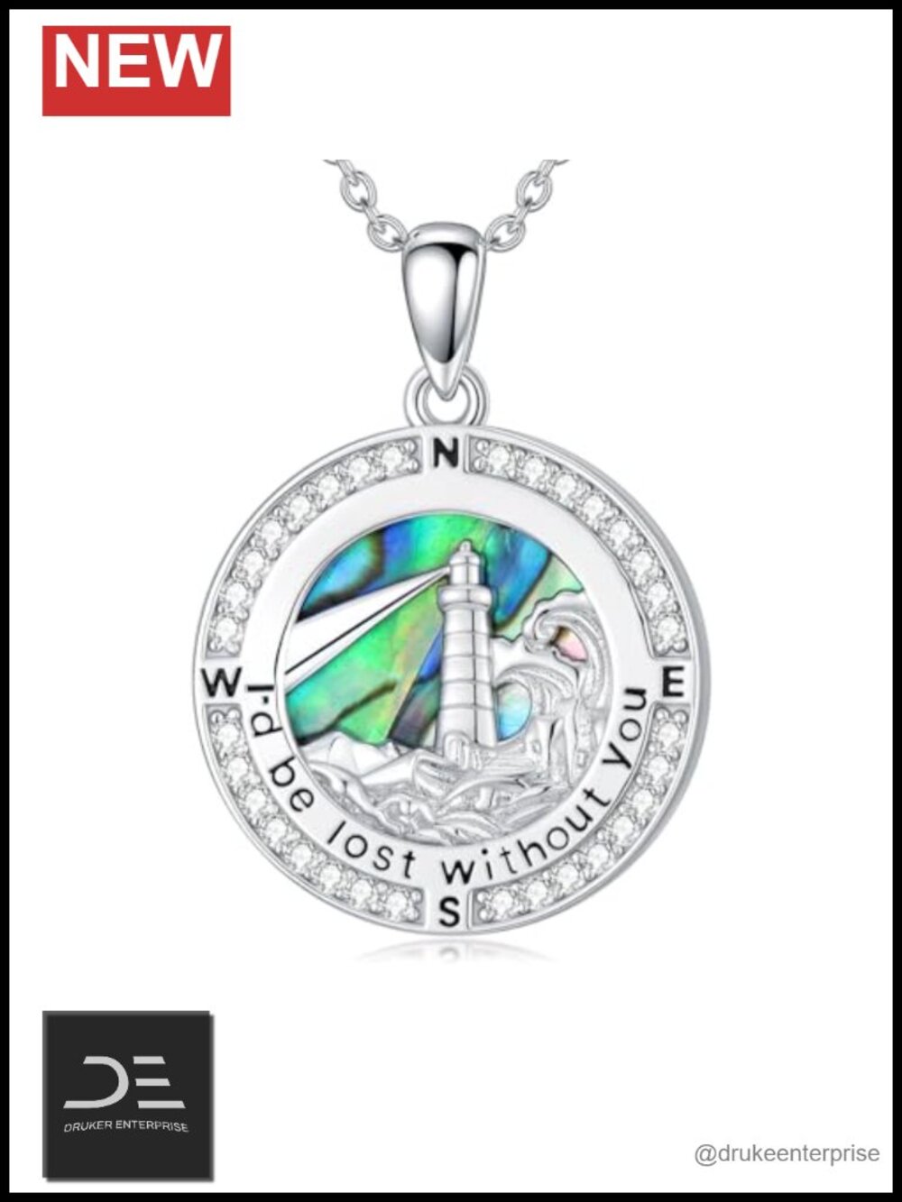 925 Sterling Silver Compass Lighthouse Pendant Necklace Abalone Shell